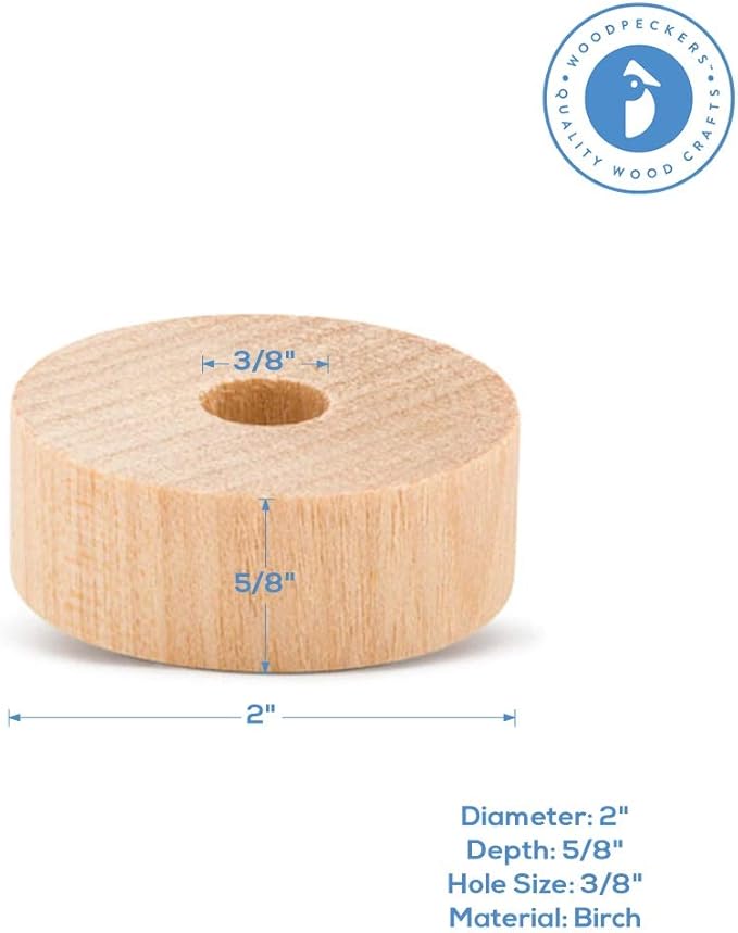 2-inch Diameter Slab Wooden Wheels for Crafts, 3/8-inch Hole, 7/16-inch Thick, Pack of 12 Mini Wood Wheels for Model, by Woodpeckers