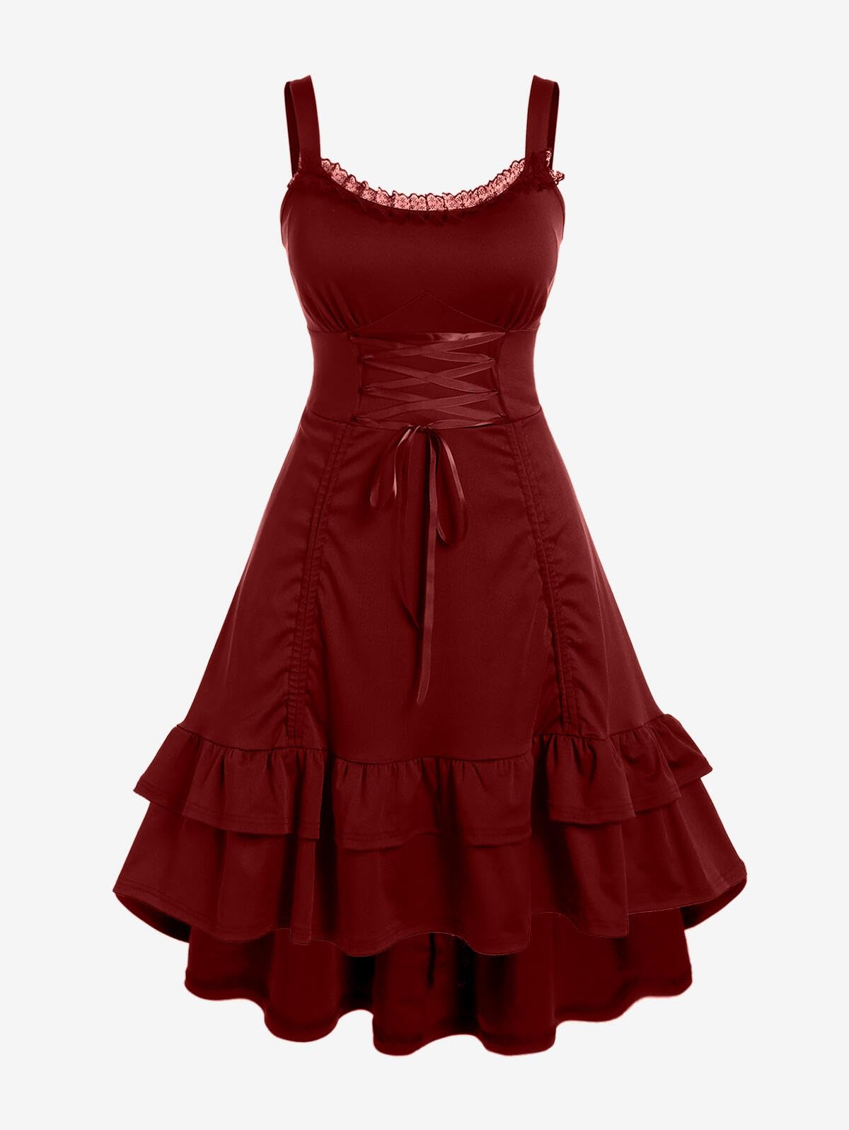 Rosegal Women Plus Size Victoria Gothic Renaissance Costume Lace Trim Lace-up Ruffled Cinched Ruched High Low Steampunk Dress(Red_1/S)