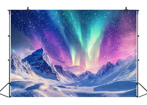 PONNYC Winnter Snow Northern Lights Backdrop Colorful Aurora Borealis Natural Scenery Snow Mountains View Night Starlit Ph...