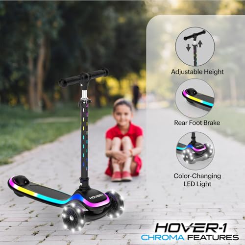 Hover-1 Chroma Folding Kick Scooter for Kids with Multicolor Wheel Lights, 3¡± Front Wheels, Rear Foot Brake, and 110 LB Weight Capacity