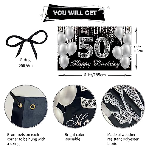 HTDZZI 50th Birthday Banner Backdrop, Happy 50th Birthday Decorations for Women Men, Black Silver 50 Year Old Birthday Par...