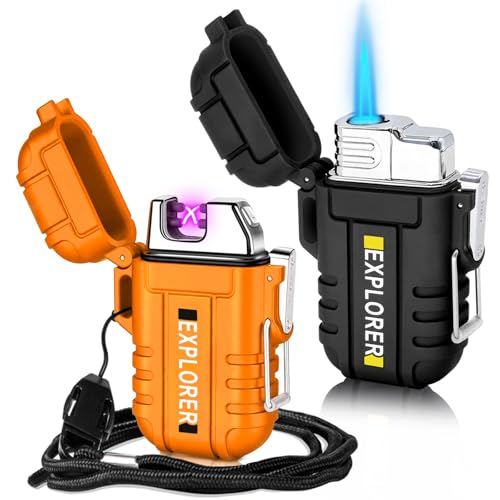2 Pack Waterproof Lighter Outdoor Windproof Torch Lighters Dual Arc Butane Electric Lighters USB Rechargeable Lighters Fla...