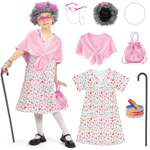 WooWee Kids Girl 100 Days of School Costume, Old Lady Costume for Kids, Halloween Cosplay Dress Up