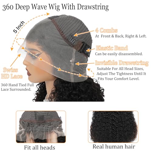 360 Lace Front Wigs Human Hair Pre Plucked With Drawstring 360 Deep Wave Glueless Full Lace Human Hair Wigs Wet And Wavy Invisible Strap Full Lace Wigs For Black Women£¨Black, 18 Inch£©