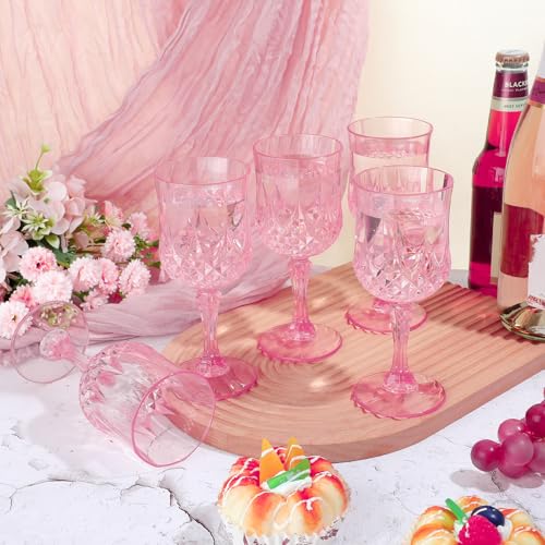 Dualshine 12 Pcs Pink Wine Glasses, Plastic Disposable Goblets Champagne Cups Drinking Glasses for Parties, Daily Home Us...