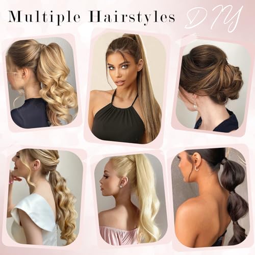 Ponytail Extensions Human Hair Long Straight Ponytail Hair Extensions with Magic Paste Wrap Around Clip in Ponytail Extensions Real Human Hair,18inch #2 Dark Brown,90g