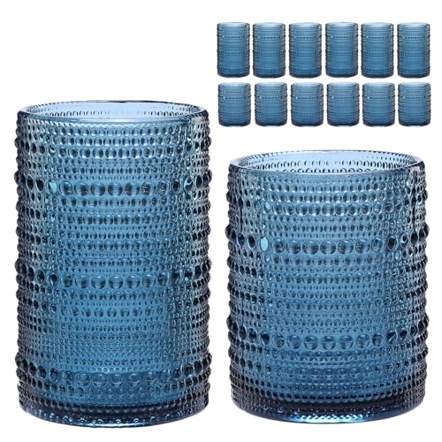 ZMOWIPDL Vintage Glassware Drinking Glasses Set of 12,Blue 12oz & 15oz Hobnail Glass Cups,Embossed Water Tumbler,for Beer,...