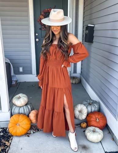 ZESICA Women's 2026 Boho Sexy Off Shoulder Long Sleeve Smocked High Waist Side Split Flowy A Line Tiered Long Maxi Dress