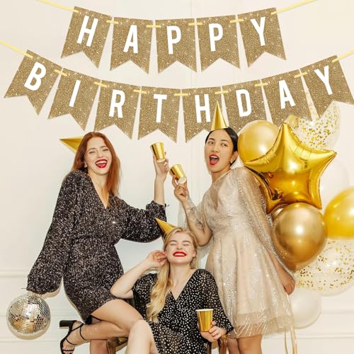Pre-Strung Gold Happy Birthday Banner Decorations,12 ft No DIY Gold Glitter Birthday Party Banner Sign Decor for Women Men...