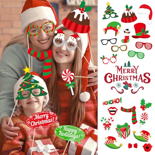 32 Pcs Christmas Photo Booth Props Kit - Merry Christmas Photo Props for Photography, DIY Fun Xmas Photobooth Photoshoot P...