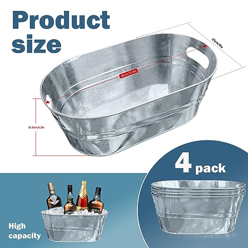 4 PCS 3 Gallon Galvanized Tub Champagne Bucket with Carry Beer Drink Storage Cooler Metal Beverage Ice Tub Galvanized Ice ...