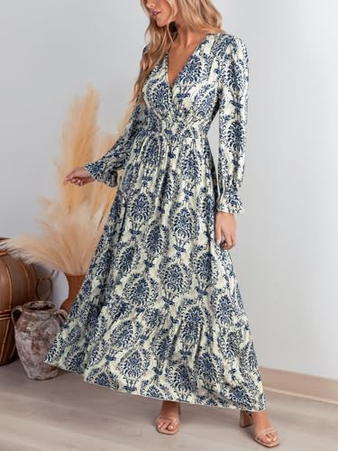 CUPSHE Maxi Dresses for Women V Neck Ruffled Long Sleeve Paisley Smocked Waist A Line Casual Flowy Fall Wedding Guest Dress