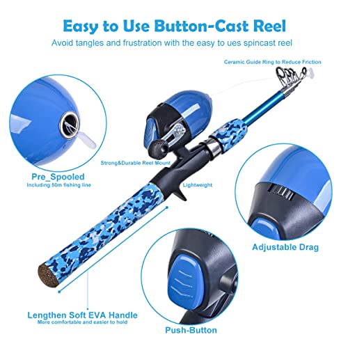 LEOFISHING Kids Fishing Pole Set with Full Starter Kits Portable Telescopic Fishing Rod and Spincast Reel with a Fishing N...