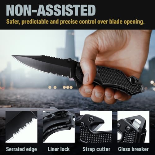GOOD WORKER Legal Pocket Knife with 2.95” Serrated Blade, Glass Breaker, Seat Belt Cutter - EDC Sharp Folding Knives with ...