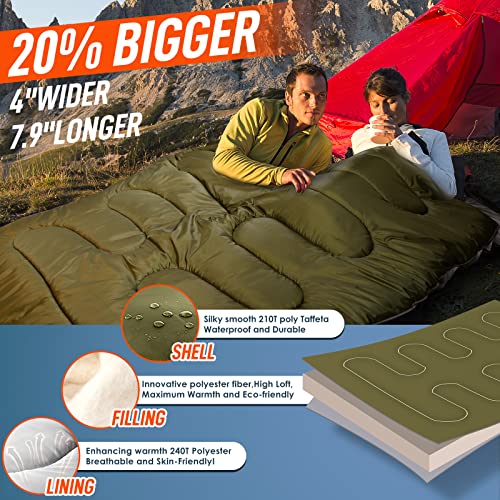 MEREZA Double Sleeping Bag for Adults Mens with Pillow, XL Queen Size Two Person Sleeping Bag for All Season Camping Hikin...