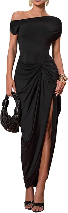 Floerns Women's Elegant Long Dress Asymmetrical Off Shoulder Ruched Slit Bodycon Cocktail Dresses