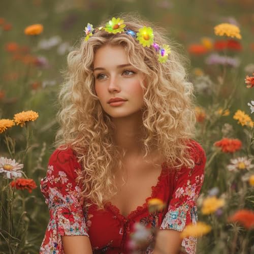 Foyte 4PCS Light Up Sunflower Headbands Daisy Floral Crown Hawaiian Headpieces Fairy Flower Hair Accessories for Summer Pa...