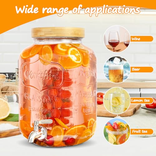 2 Gallon Drink Dispenser with Stand，Glass Beverage Dispenser With Wood Stand, 18/8 Stainless Steel Spigot and Labels Large...
