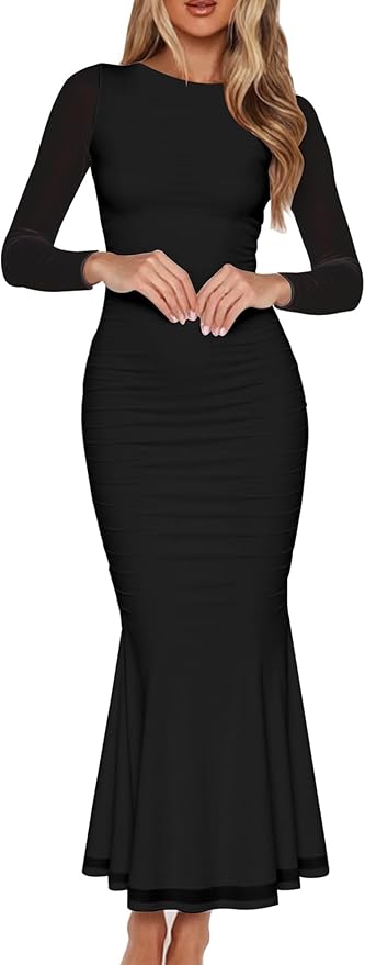 BORIFLORS Women's Sexy Ruched Bodycon Long Formal Dresses Mesh Long Sleeve Cocktail Party Maxi Dress