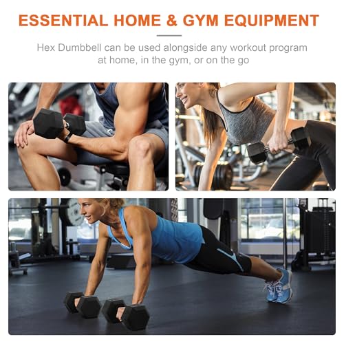 Fitvids Rubber Encased Hex Dumbbell, Hand Weights with Anti-Slip Cast Iron Grip for Exercise & Fitness, Weights Dumbbells Set of 2 for Strength Training, 5-50 LBS Pair