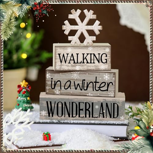 Moucuny 4 Pcs Winter Table Decorations Wooden Snowflake Decor Winter Tiered Snow Tray Decor Rustic Block Signs Gift Farmho...