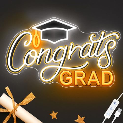 SELICOR Congrats Graduation Neon Sign with Cap - 15" x 8", Adjustable LED Light Up Sign for Prom Party, Photos, Class of 2...