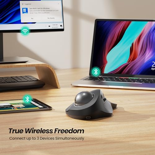 Nulea Wireless Ergonomic Trackball Mouse, Rechargeable, Bluetooth Rollerball Mouse, 44mm Index Finger Trackball, 5 Adjusta...