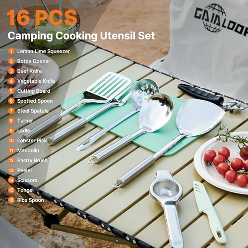 Gaialoop Portable Camping Cooking Utensils Set, Camp Kitchen & Campfire Cooking Equipment, RV Essentials, Camper Must-Have...