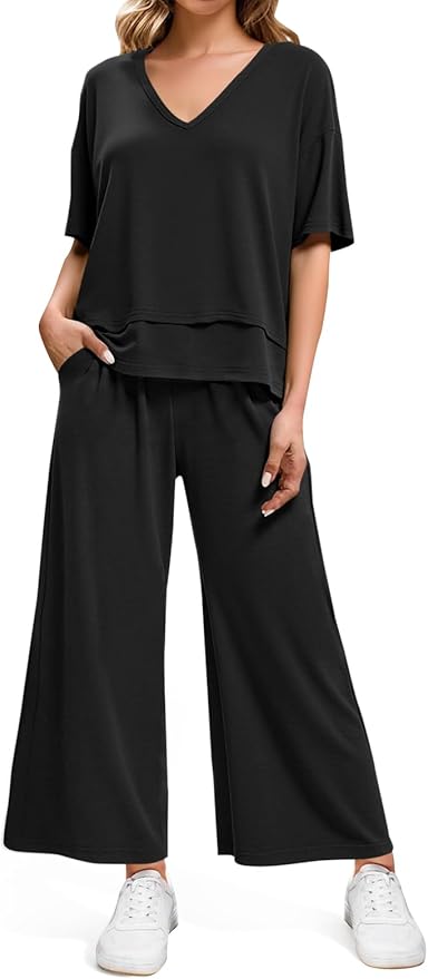 Tankaneo Womens 2 Piece Sets Casual Tracksuits Short Sleeve Tops Wide Leg Pants Outfits Lounge Sets