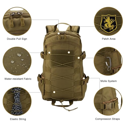 25L Hiking Backpack Small Tactical Backpack Daypack Camping Trekking Hunting Molle Pack for Men Women, Khaki