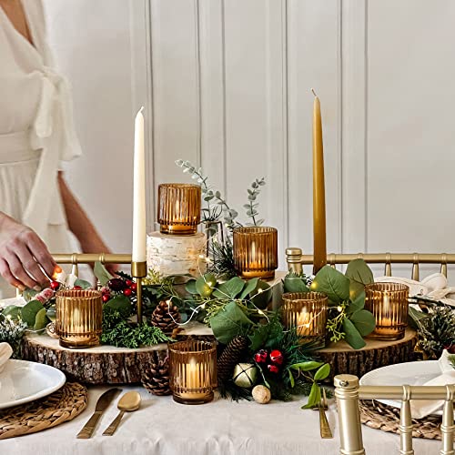 Kate Aspen Vintage Glass Tealight & Amber Votive Candle Holders (Set of 6) – Rustic Fluted Candle Holder Set, Boho Home De...