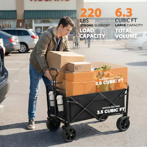 PASAMIC Collapsible Wagon 220 lbs, Heavy Duty Wagon Carts Foldable, Portable Wagons for Groceries, Beach Cart with All-Ter...