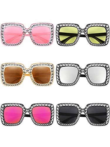 Frienda 6 Pairs Rhinestone Oversized Square Sunglasses 70s Women Dazzled Sunglasses for Disco Party Concert Photo Props