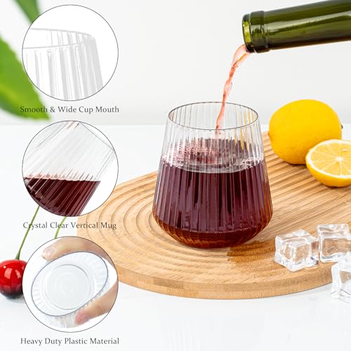 BESTSTAR 36 Pcs 12 oz Plastic Clear Ribbed Wine Glasses, Origami Ripple Disposable Champagne Glasses Elegant Whiskey Glass...