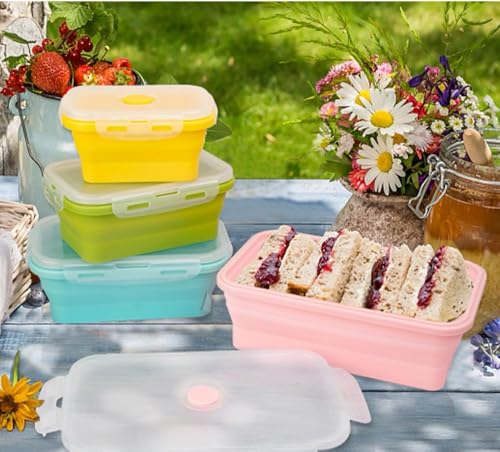CozyKit Set of 4, Collapsible Silicone Food Storage Container, Leftover Meal Box for Kitchen, Lunch Boxes with Clip-on Li...