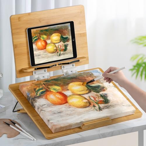 ANBOXIT Folding Bamboo Tabletop Easel, 19.7" x 14.2" Base and 15.4" x 11" Adjustable Upper Board, Portable Desktop Arts & ...