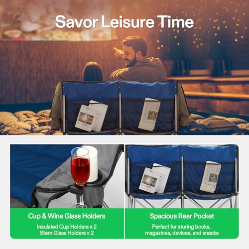 VIVOSUN Double Camping Chair, Fully Padded Folding Loveseat, Oversized Duo Chair with Cup & Wine Glass Holders, Pocket, Ar...