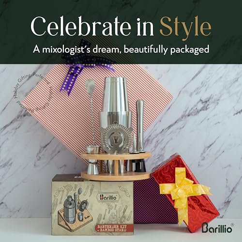 Barillio Elite Mixology Bartender Kit with Stand - Cocktail Shaker Set with Bamboo Stand, Boston Drink Shaker, Mojito Mudd...