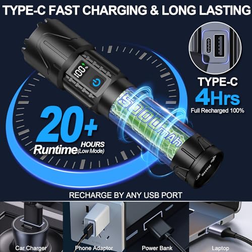 Banral Rechargeable Tactical Flashlights 2000 High Lumens - 5000mAh Super Bright LED Powerful Flash Light, Waterproof Hand...