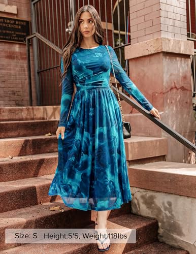 ZESICA Women's Maxi Dress 2026 Spring Long Sleeve Crewneck Floral Print Mesh Ruched Party Wedding Guest Dresses