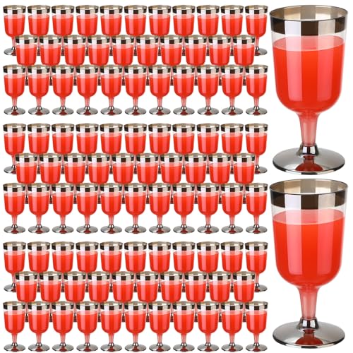 Uiifan 6 oz Plastic Wine Glasses, 100 Pcs, Reusable, Clear with Silver Rim, for Wedding, Birthday, Champagne Party Supplies