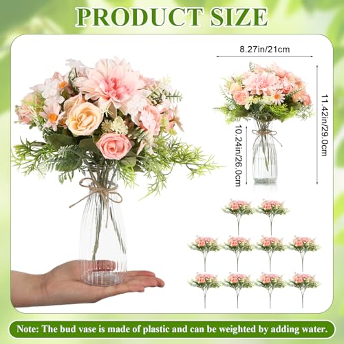 Reallnaive 30 Pack Artificial Flowers with Vase Bulk, 20 Bundles Silk Floral Bouquet 10 Clear Vase with 1 Pcs Rope, Mason ...