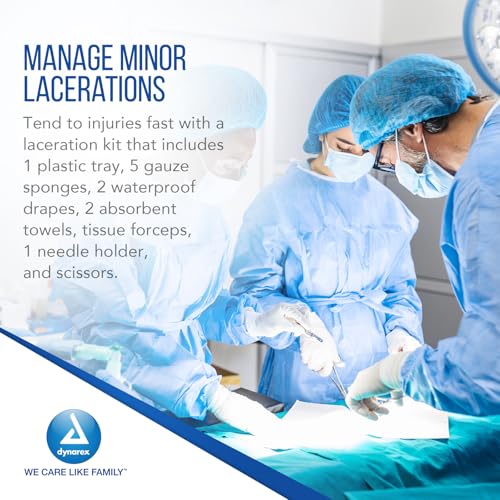 Dynarex Minor Laceration Trays with Instruments - Compact & Sterile - Tray, Gauze Sponges, Drape, Needle Holder, Towels, F...