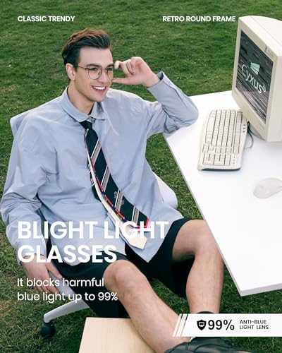 Cyxus Round Blue Light Blocking Glasses Men Woman Wire Frame Ultralight Comfortable Office Computer Gaming Study 8090
