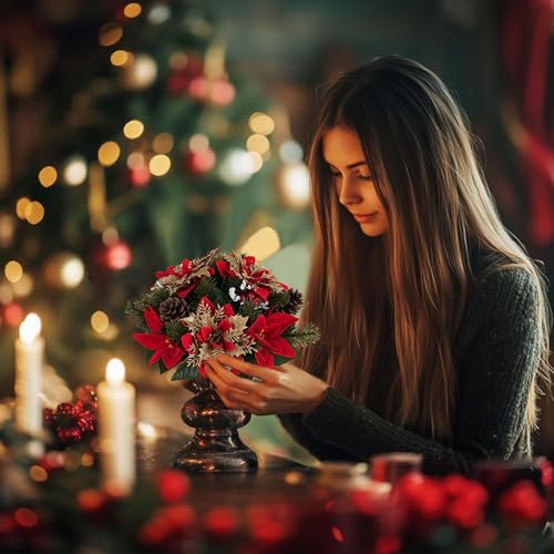 BLOSMON Christmas Centerpieces for Dining Table: 2 Pcs Red Gold Glitter Fake Poinsettia Christmas Flowers Ball Decoration...