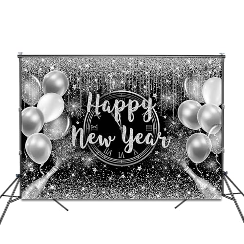Fitumiw Happy New Year Backdrop 7x5ft Black and Silver Glitter Cheers to The New Year Party Decorations Background 2026 Ne...