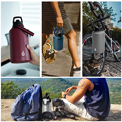 BJPKPK Half Gallon Insulated Water Bottles with Straw Lid, 64oz Large Water Jug, Stainless Steel Bottles with 3 Lids and P...