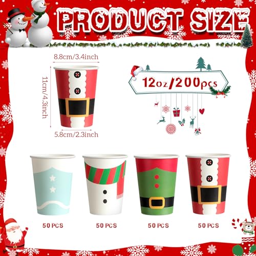 Fulmoon 200 Pcs Christmas Disposable Cups 12 oz Christmas Paper Cups Coffee Chocolate Wine Drinking Tea Drinkware Xmas Hol...