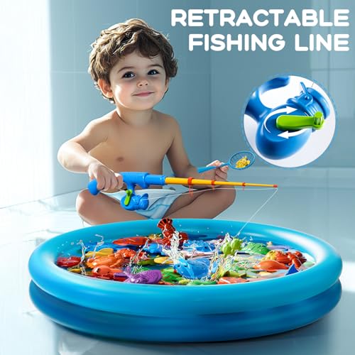 Magnetic Fishing Pool Toys Game for Kids Toddlers 3-5 4-8, Fishing Water Table Bathtub Toy with Inflatable Pool Pole Rod N...