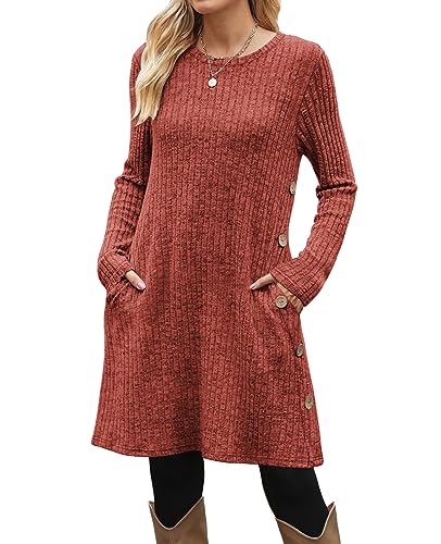 OFEEFAN Fall and Winter Tunic Dress with Pockets Long Sleeve Crew Neck Buttons Side
